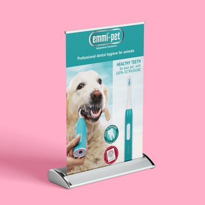 emmi®-pet marketing A3 Desk Rollup Banner (Mint/ Golden Retriever design)